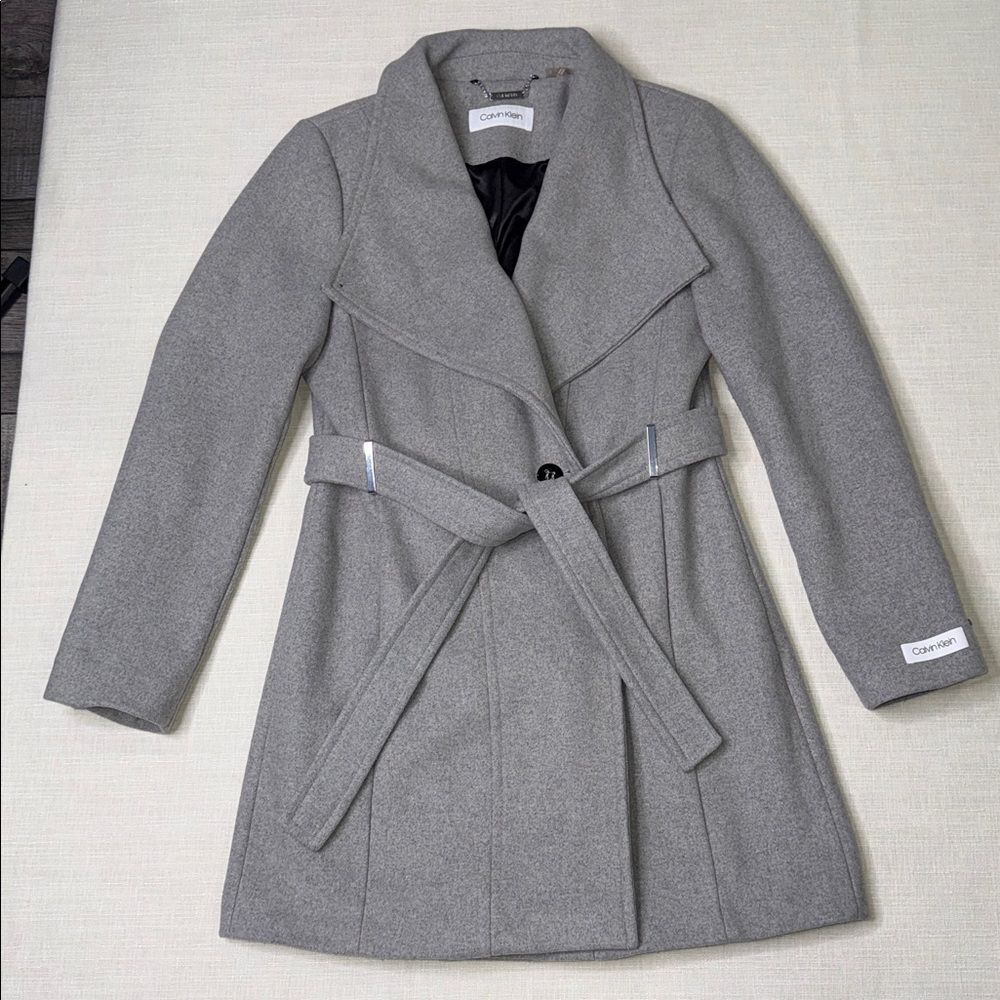 Calvin Klein women’s gray wool-blend wrap coat. - Picture 1 of 12